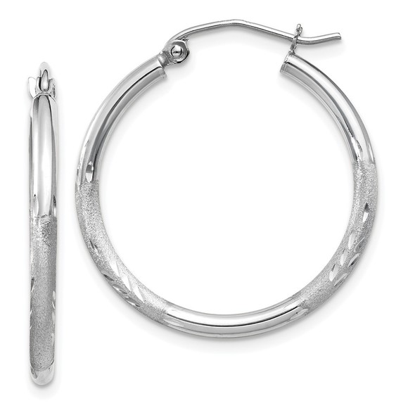14k White Gold Satin and Diamond-cut 2mm Round Hoop Earrings 25 L x 2 mm W